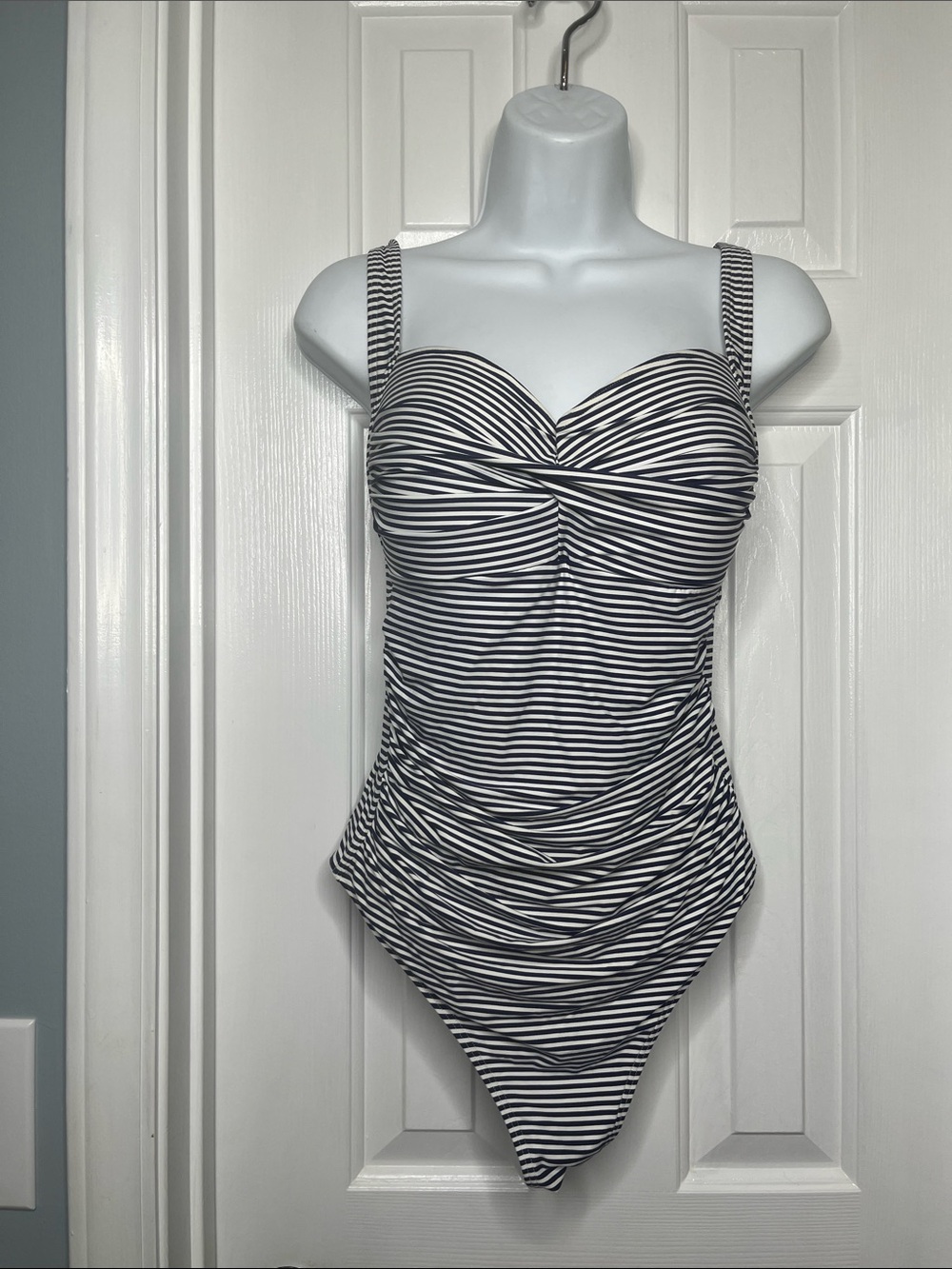 Bond Eye Australia Navy White Striped One Piece Swimsuit with Ruching Size 12